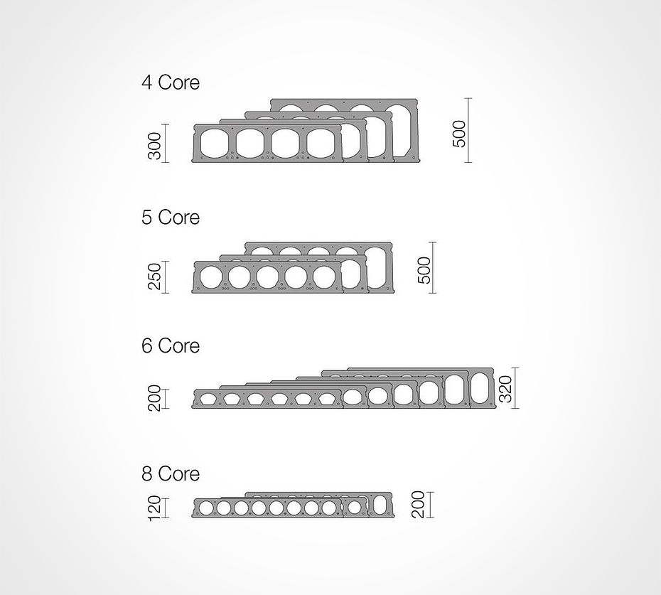 Cross section of hollow core slabs produced with a extruder X-Liner. Height from 12 cm to 50 cm and width of 0.6m, 1.2m, 1.5m or 2.4m.