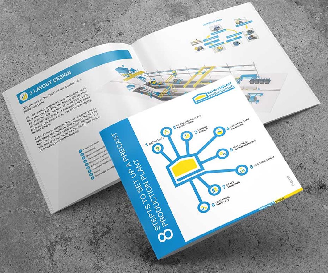 Brochure « 8 Steps to Set Up a Precast Production Plant » d'Echo Precast Engineering sur fond béton gris