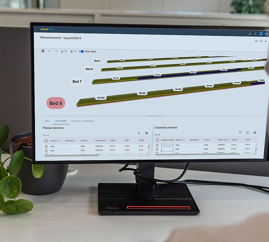 Software zur Produktionsplanung von Betonfertigteilen mit 3D-Bettbelegungsansicht und Elementzuordnung auf Spannbetten
