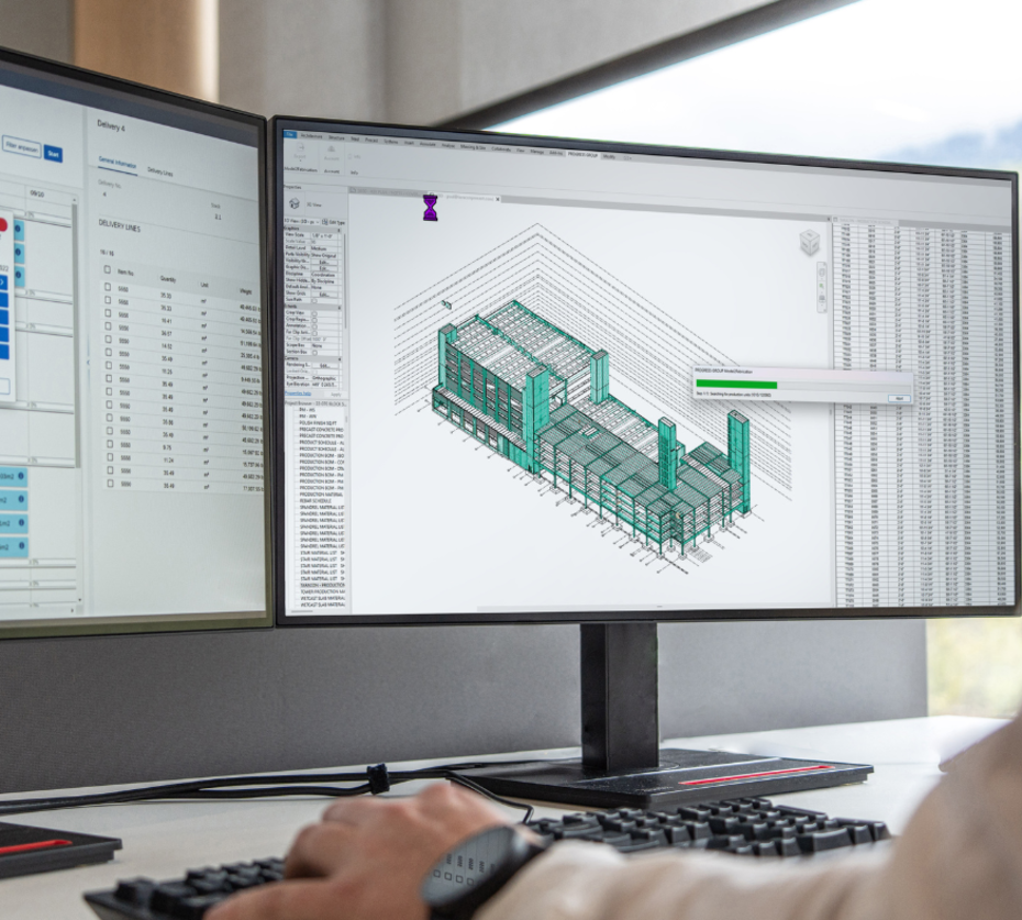 Due monitor mostrano pianificazione edificio 3D e dati consegna di software BIM alla postazione lavoro